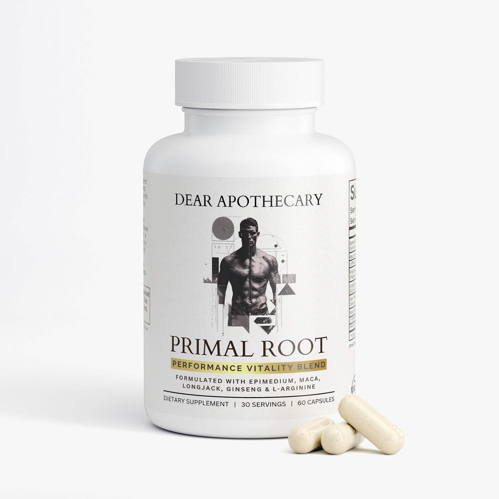 Primal Root men's vitality supplement bottle by Dear Apothecary, 60 capsules