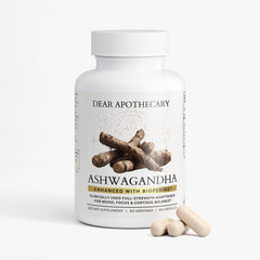 Organic Ashwagandha supplement bottle by Dear Apothecary, 60 capsules