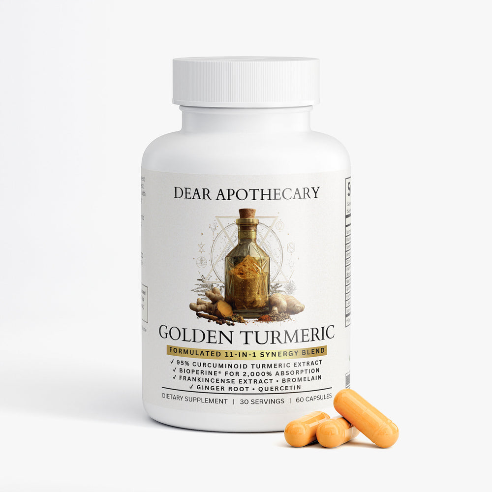 Golden Turmeric 11-in-1 supplement bottle by Dear Apothecary, 60 capsules