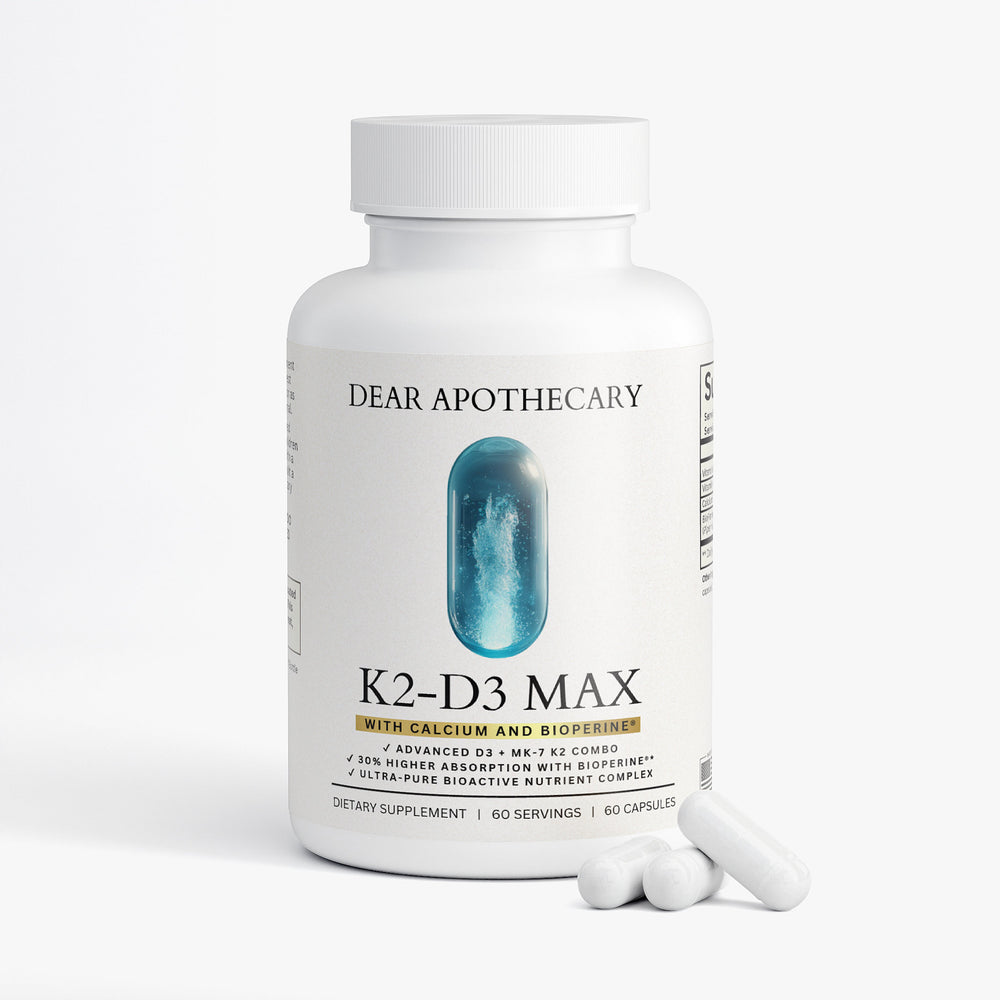K2-D3 Max vitamin D3 and K2 supplement bottle by Dear Apothecary, 60 capsules