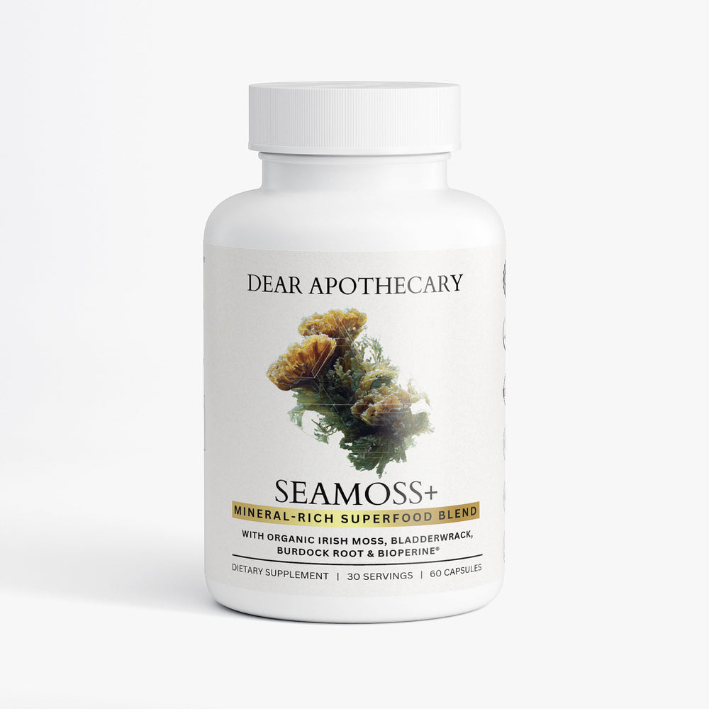 Organic Seamoss+ superfood supplement bottle by Dear Apothecary, 60 capsules