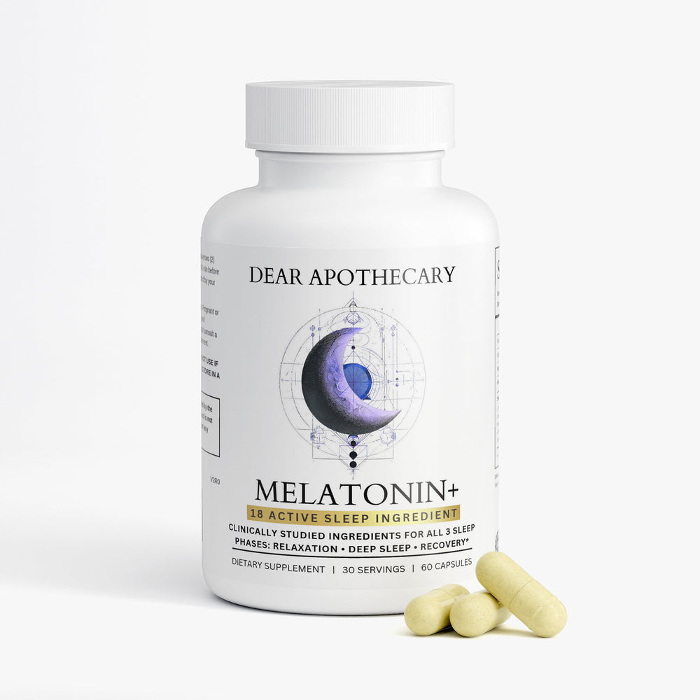 Melatonin+ complete sleep supplement bottle by Dear Apothecary, 60 capsules