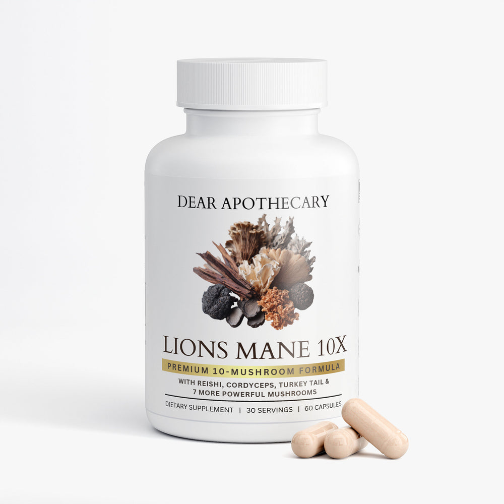 Lions Mane 10x 10-mushroom supplement bottle by Dear Apothecary, 60 capsules