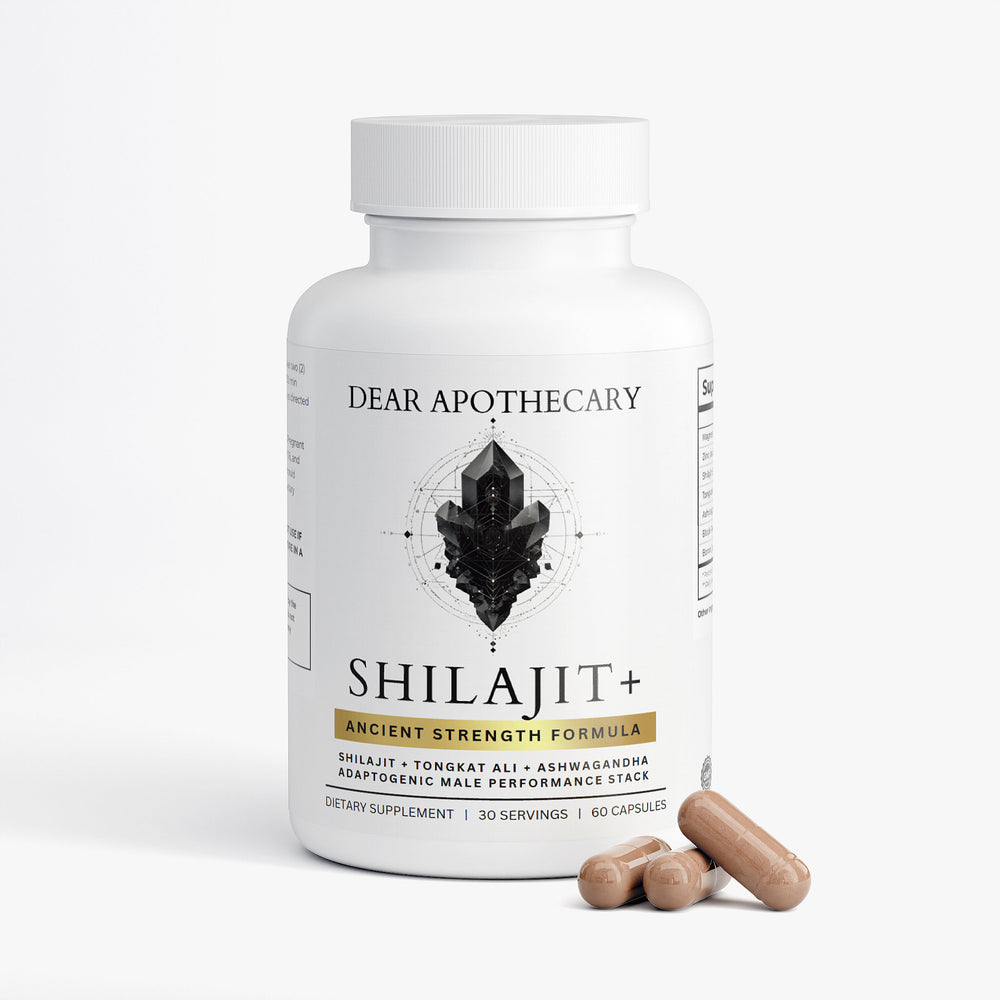 Shilajit+ ancient strength supplement bottle by Dear Apothecary, 60 capsules