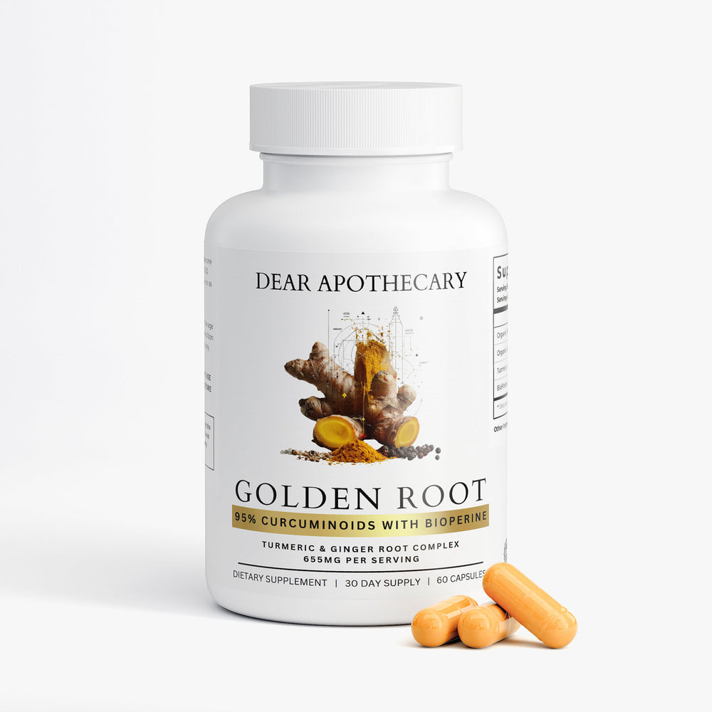 Golden Root turmeric and ginger supplement bottle by Dear Apothecary, 60 capsules