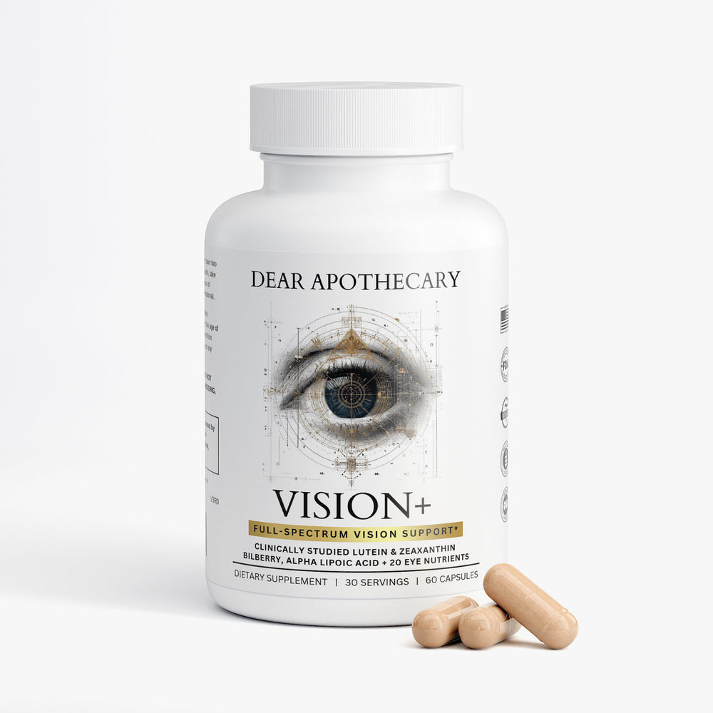 Vision+ eye health supplement bottle by Dear Apothecary, 60 capsules