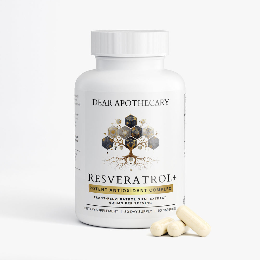 Resveratrol+ antioxidant supplement bottle by Dear Apothecary, 60 capsules