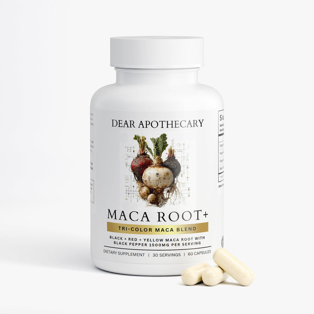 Maca Root+ tri-color maca supplement bottle by Dear Apothecary, 60 capsules