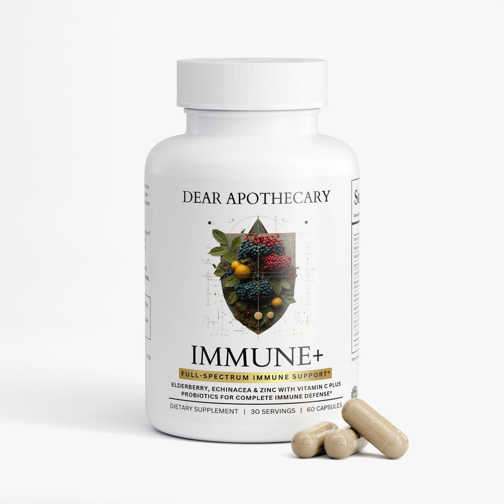 Immune+ elderberry and zinc supplement bottle by Dear Apothecary, 60 capsules
