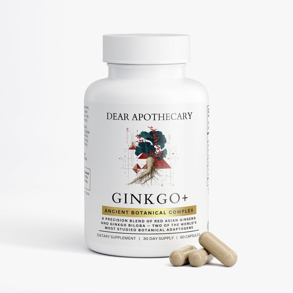 Ginkgo+ Ginkgo Biloba and Panax Ginseng supplement bottle by Dear Apothecary, 60 capsules