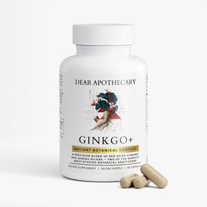 Ginkgo+ Ginkgo Biloba and Panax Ginseng supplement bottle by Dear Apothecary, 60 capsules