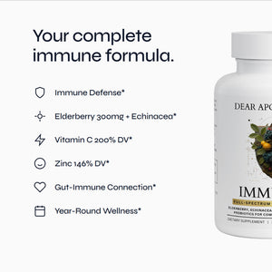 Immune+ benefits graphic: immune defense, elderberry 300mg and echinacea, vitamin C 200% DV, zinc 146% DV, gut-immune connection, year-round wellness
