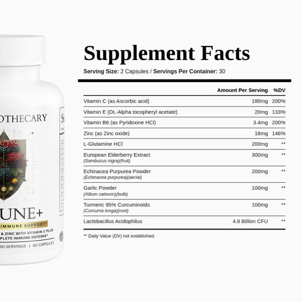 Immune+ supplement facts: Elderberry 300mg, Echinacea, Vitamin C, Zinc, and probiotics, 2 capsules per serving