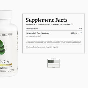Moringa supplement facts: 800mg Horseradish Tree (Moringa oleifera) leaf, 2 capsules per serving