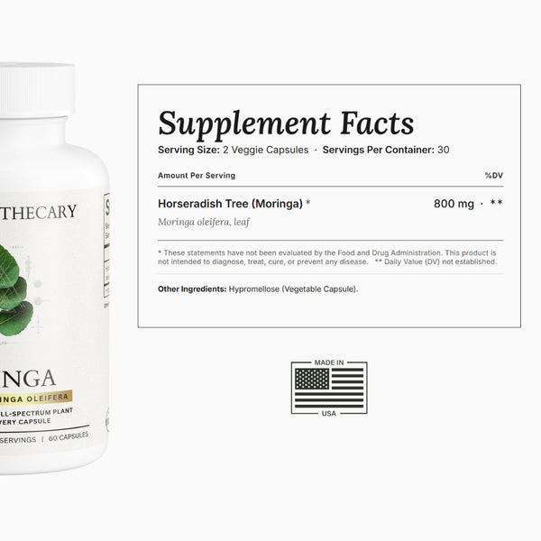 Moringa supplement facts: 800mg Horseradish Tree (Moringa oleifera) leaf, 2 capsules per serving