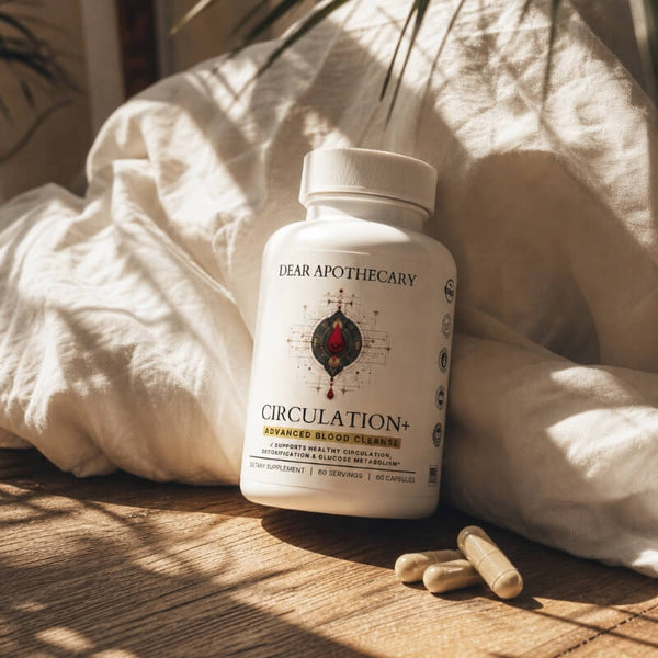 Circulation+ bottle on white linen with two capsules beside it