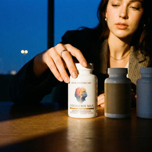 Woman reaching for the Cognitive Max bottle on a table at dusk