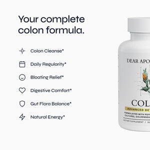Colon+ benefits graphic: colon cleanse, daily regularity, bloating relief, digestive comfort, gut flora balance, natural energy