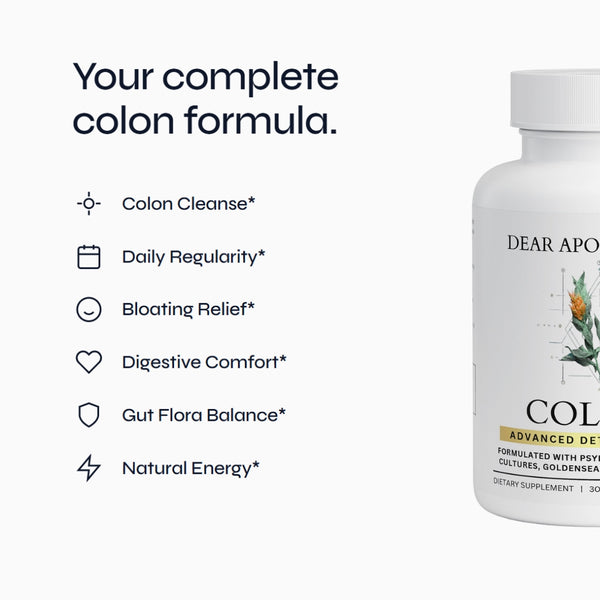 Colon+ benefits graphic: colon cleanse, daily regularity, bloating relief, digestive comfort, gut flora balance, natural energy