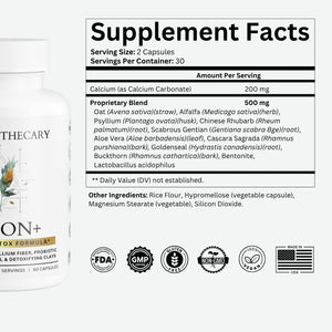 Colon+ supplement facts: Calcium 200mg plus 500mg psyllium and herbal cleansing blend, 2 capsules per serving