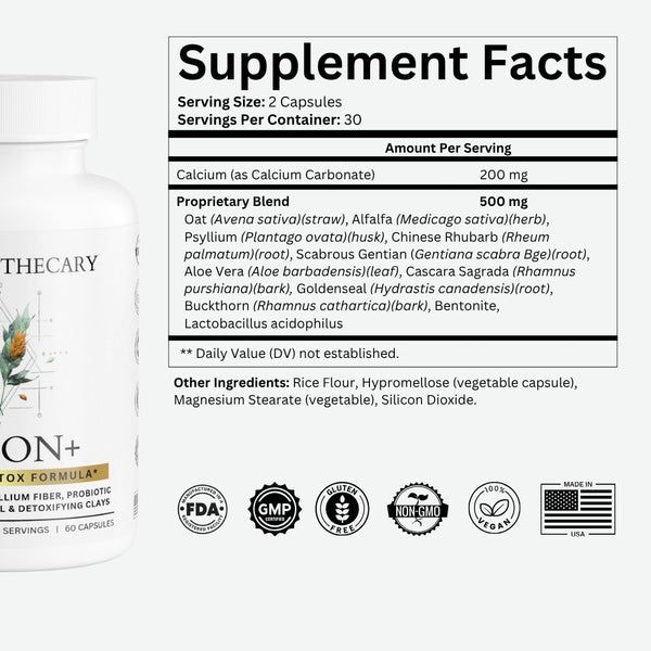 Colon+ supplement facts: Calcium 200mg plus 500mg psyllium and herbal cleansing blend, 2 capsules per serving