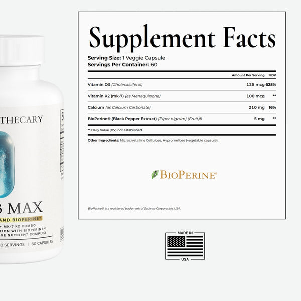 K2-D3 Max supplement facts: Vitamin D3 5000 IU, K2 MK-7 100mcg, Calcium, and BioPerine, 1 capsule per serving