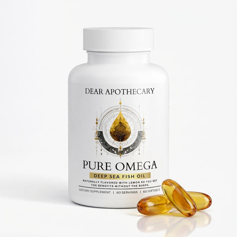Pure Omega deep sea fish oil supplement bottle by Dear Apothecary, 60 softgels