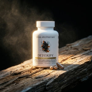 Detoxify bottle on weathered wood with rising smoke