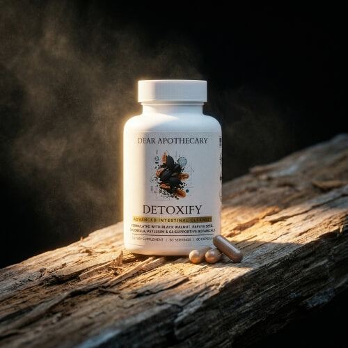 Detoxify bottle on weathered wood with rising smoke