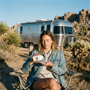 Woman by an Airstream trailer taking Organic Ashwagandha in the desert