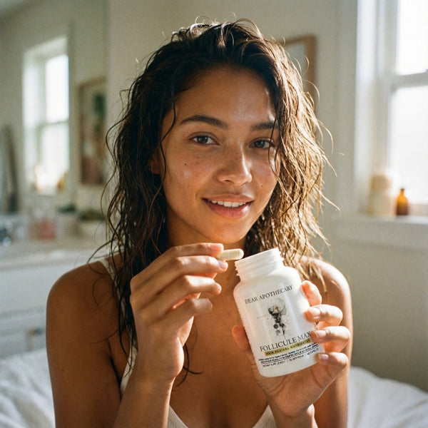 Smiling woman with wet hair holding the Follicle Max bottle in a bathroom