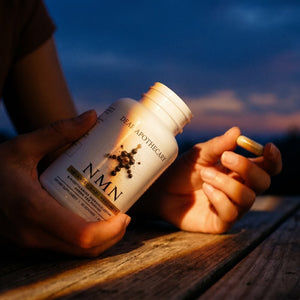 Hands holding the NMN bottle and a capsule at dusk