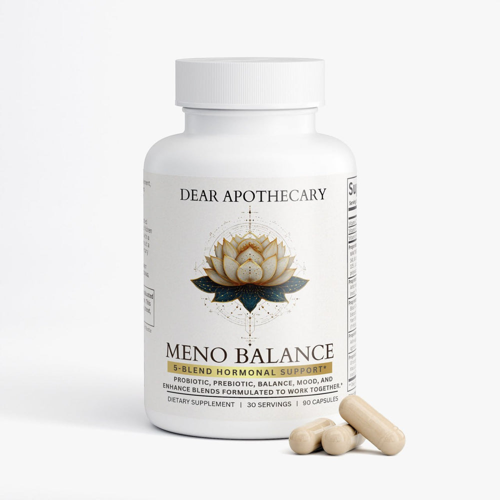 Meno Balance menopause support supplement bottle by Dear Apothecary, 90 capsules